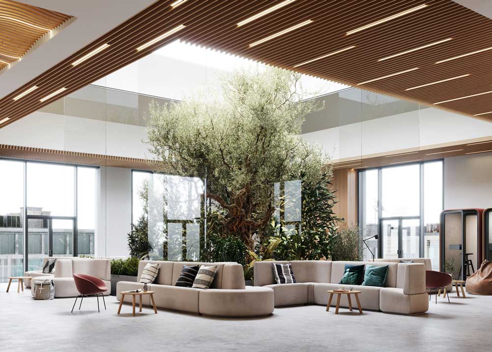 Soffgrupp med stor fyrkantig ljuskälla i taket