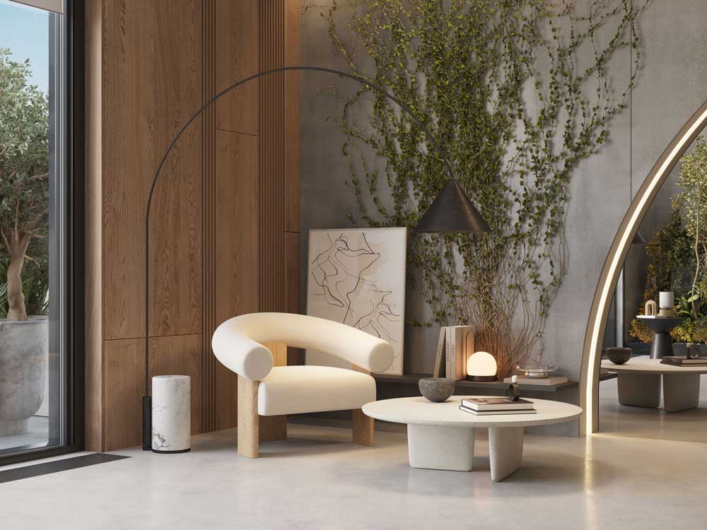 Vit fåtölj med en svart golvlampa